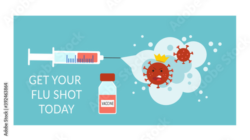 Vaccination concept. Landing page template, banner, icon. Modern immunization concept for web design with syringe, vaccine, bottle, antibodies and virus. Flat vector illustration, isolated objects.