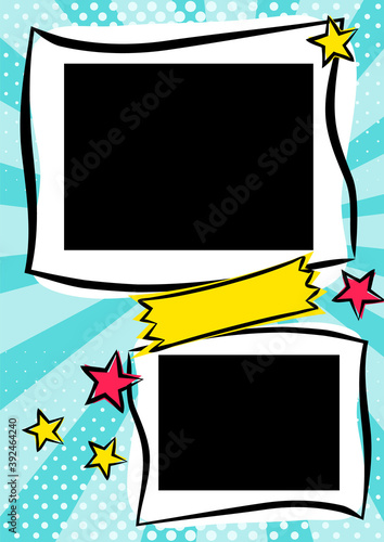 Children's photo book in pop art style. Bright page of two photos for a photo album. Template for the design of frames for photographs, posters, cards, stickers. Vector illustration.