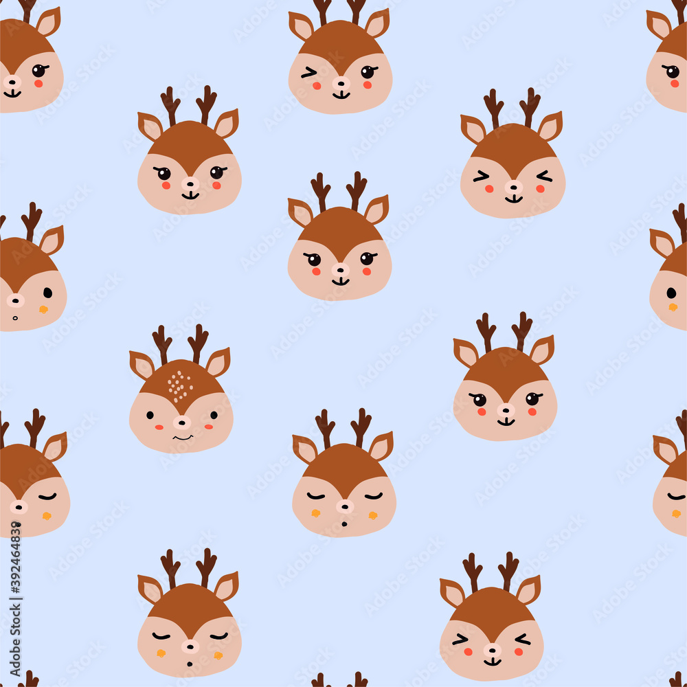 Fototapeta premium Reindeer kawaii style seamless pattern, Baby deer on a light blue background