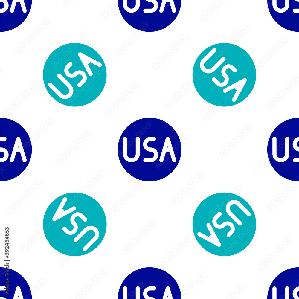 Blue USA label icon isolated seamless pattern on white background. United States of America. Vector Illustration. Blue USA label icon isolated seamless pattern on white background. United States of America. Vector Illustration.