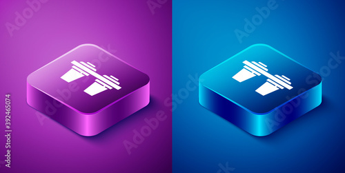 Isometric Water filter icon isolated on blue and purple background. System for filtration of water. Reverse osmosis system. Square button. Vector Illustration.