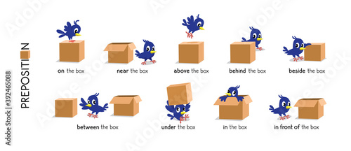Preposition of place set. Bird and the box photo