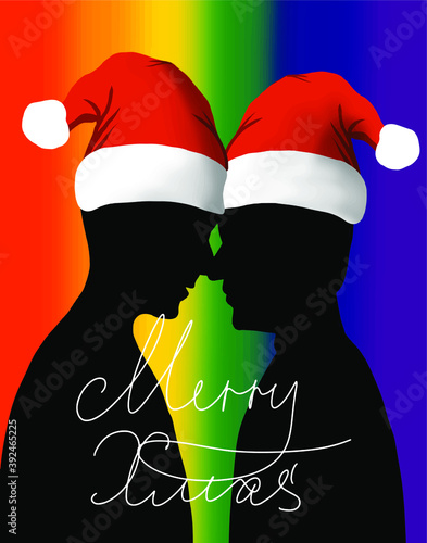 Christmas of two men loving each other. lgbt community. against the background of the flag