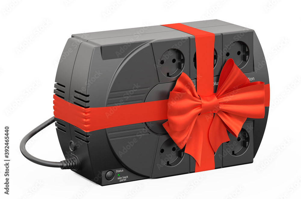 Uninterruptible power supply, UPS with ribbon and bow, gift concept. 3D rendering Uninterruptible power supply, UPS with ribbon and bow, gift concept. 3D rendering