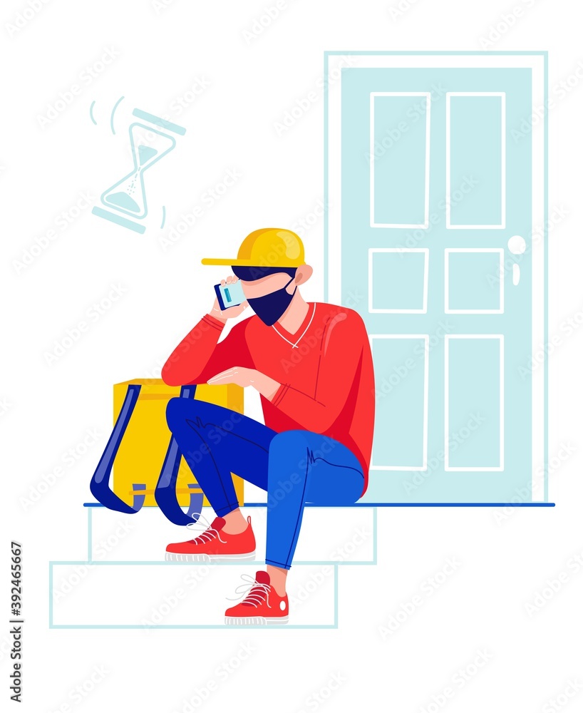 The courier sits near the door waiting for customers. The delivery man is waiting. Difficulties in the work of the courier and delivery service. The courier is on the landing, near the door. 