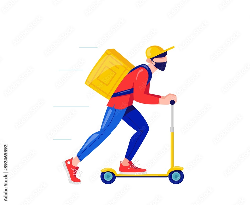 Online delivery contactless service to home, office by scooter. Online order tracking. Delivery service. Courier in protective mask deliver goods and food on scooter. Man in a yellow cap and with bag Online delivery contactless service to home, office by scooter. Online order tracking. Delivery service. Courier in protective mask deliver goods and food on scooter. Man in a yellow cap and with bag