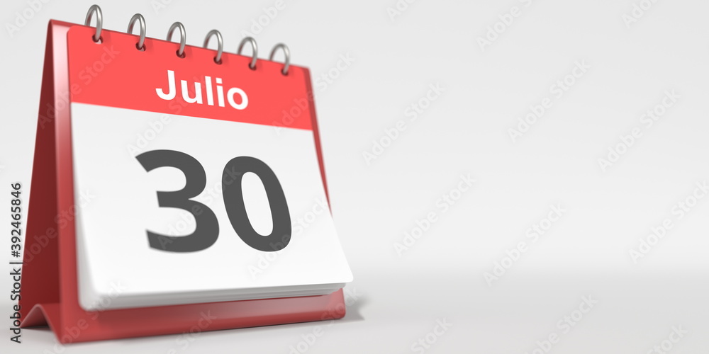 July 30 date written in Spanish on the flip calendar, 3d rendering July 30 date written in Spanish on the flip calendar, 3d rendering