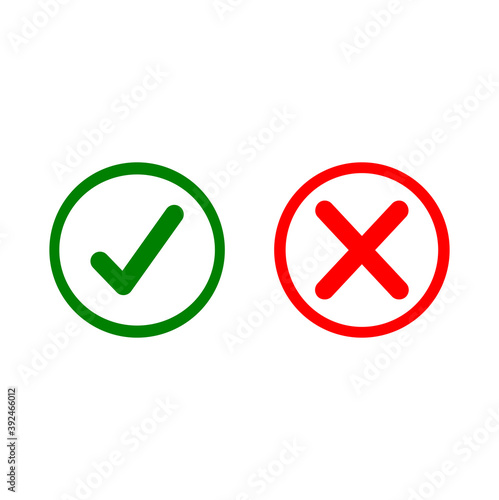 Yes and No or Right and Wrong or Approved and Declined Icons with Check Mark and X Signs in Green and Red.