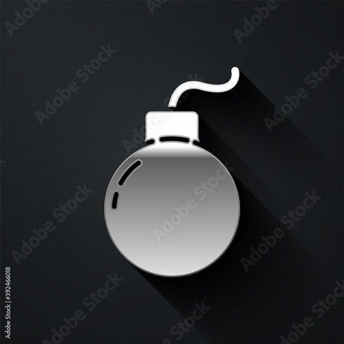 Silver Bomb ready to explode icon isolated on black background. Long shadow style. Vector Illustration.