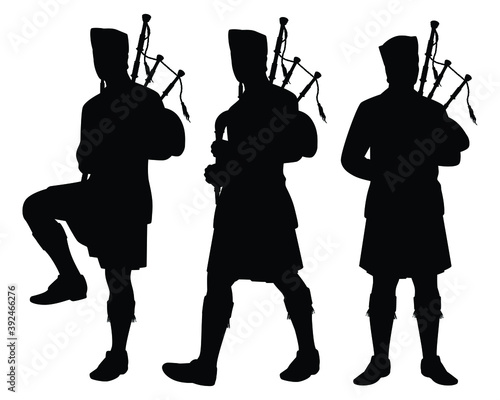 Set of Scottish man bagpipers in traditional dress silhouette vector on white background