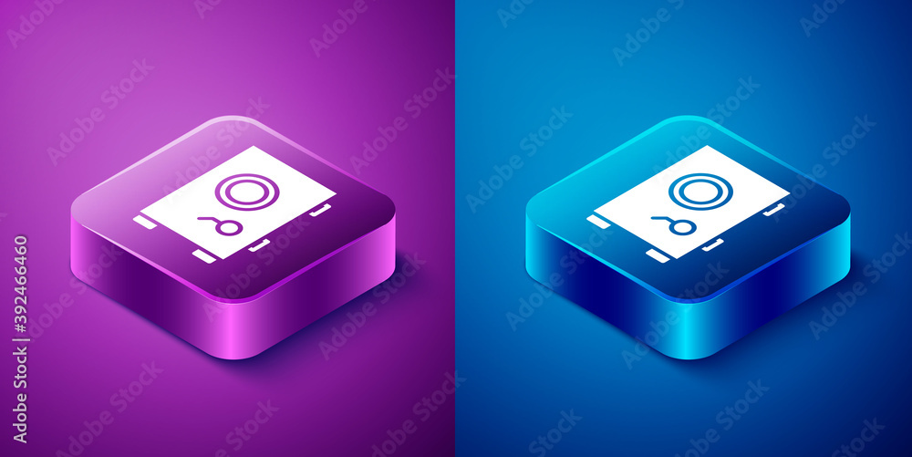 Isometric Safe icon isolated on blue and purple background. The door safe a bank vault with a combination lock. Reliable Data Protection. Square button. Vector Illustration. Isometric Safe icon isolated on blue and purple background. The door safe a bank vault with a combination lock. Reliable Data Protection. Square button. Vector Illustration.