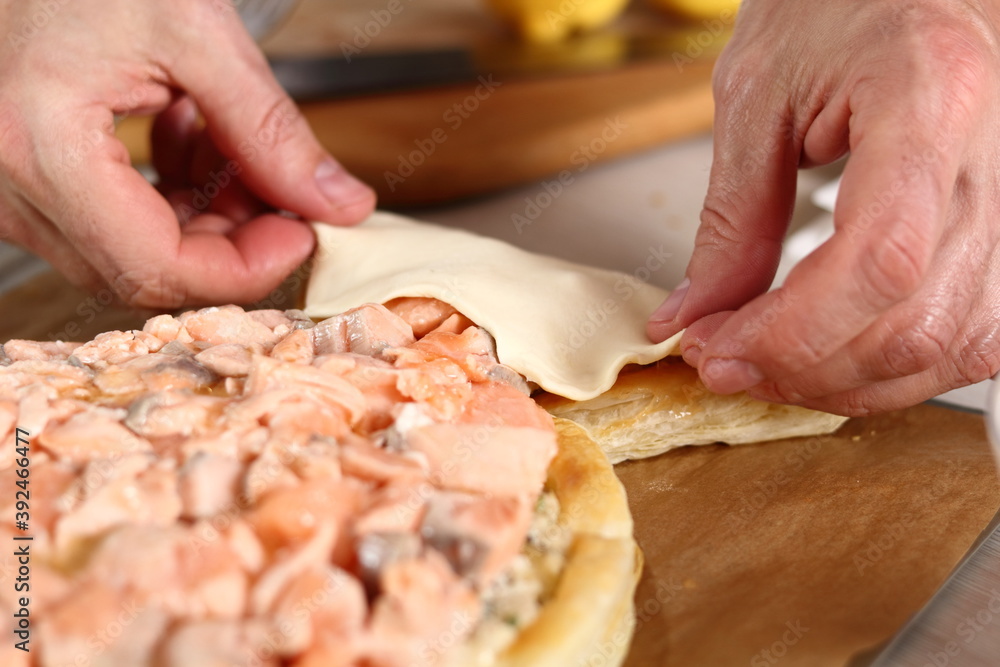 Cover tail of pie. Making Salmon in Puff Pastry Series.