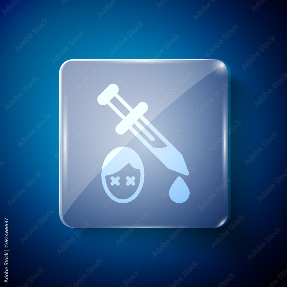 White Sword with blood icon isolated on blue background. Medieval weapons knight and soldier. Symbol of murder. Square glass panels. Vector. White Sword with blood icon isolated on blue background. Medieval weapons knight and soldier. Symbol of murder. Square glass panels. Vector.