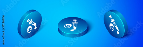 Isometric Sword with blood icon isolated on blue background. Medieval weapons knight and soldier. Symbol of murder. Blue circle button. Vector.