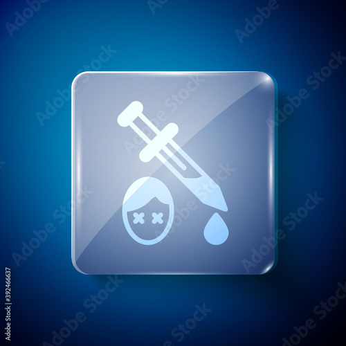 White Sword with blood icon isolated on blue background. Medieval weapons knight and soldier. Symbol of murder. Square glass panels. Vector.