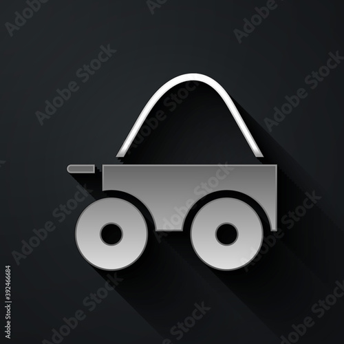 Silver Wooden four-wheel cart with hay icon isolated on black background. Long shadow style. Vector.