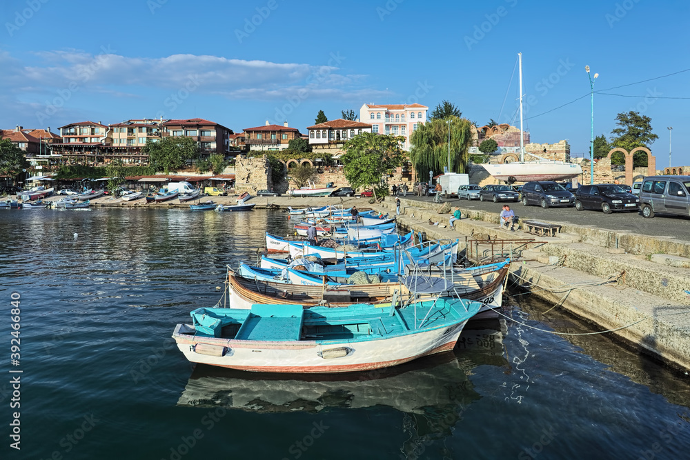 Fishing boats berthed in marina in the Old Town of Nessebar, Bulgaria