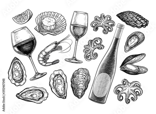 Ink sketch set of wine and seafood.