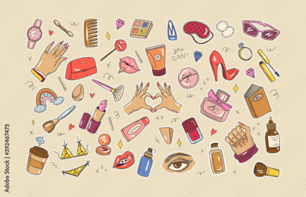 A big set of stickers on the topic of cosmetics. Cute colored makeup elements. Mascara, lipstick, cream, perfume, manicure. Facial care. Doodle style. Hand-drawn vector. For stickers, social media. A big set of stickers on the topic of cosmetics. Cute colored makeup elements. Mascara, lipstick, cream, perfume, manicure. Facial care. Doodle style. Hand-drawn vector. For stickers, social media.