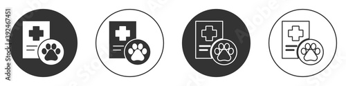Black Clipboard with medical clinical record pet icon isolated on white background. Health insurance form. Medical check marks report. Circle button. Vector.
