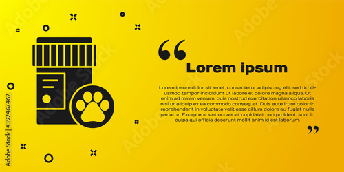 Black Dog medicine bottle icon isolated on yellow background. Container with pills. Prescription medicine for animal. Vector.