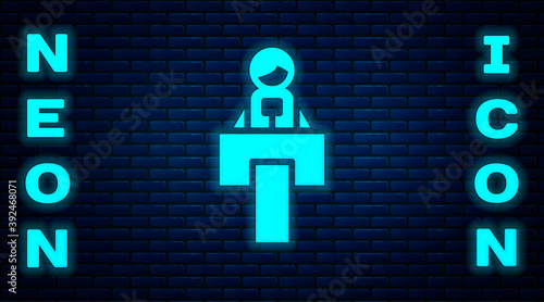 Glowing neon Stage stand or debate podium rostrum icon isolated on brick wall background. Conference speech tribune. Vector.