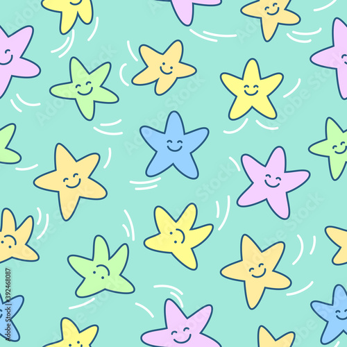 Smiling colorful stars. Seamless pattern for nursery. Playful agile stars dancing.