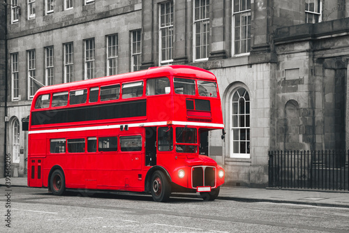  Classic Old Red Double Decker Bus in street of Edinburgh, Scotland