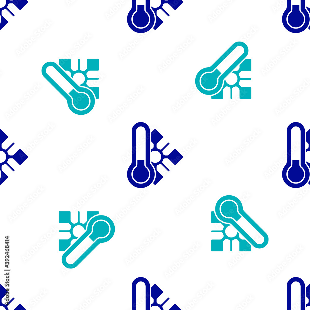 Blue Meteorology thermometer measuring icon isolated seamless pattern on white background. Thermometer equipment showing hot or cold weather. Vector. Blue Meteorology thermometer measuring icon isolated seamless pattern on white background. Thermometer equipment showing hot or cold weather. Vector.