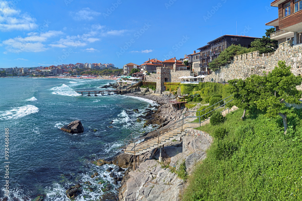 View of Old Town of Sozopol (former ancient town of Apollonia) with Southern Fortress Wall and Tower on the coast of Black Sea in Bulgaria