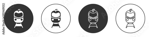 Black Train and railway icon isolated on white background. Public transportation symbol. Subway train transport. Metro underground. Circle button. Vector.
