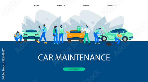 Car maintenance and repair shop web banner design. Landing page interface template for car services with cartoon characters of garage workers and auto owners, flat vector illustration.