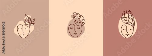 Vector image. Logo for business in the industry of beauty, health, personal hygiene. Beautiful image of a female face. Linear stylized image. Logo of a beauty salon, health industry, makeup artist.