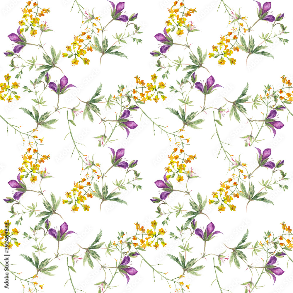 watercolor background. seamless pattern made up of spring flowers. mimosa, periwinkle, wildflowers. great for fabrics, wallpapers, wrapping paper, postcards and posters watercolor background. seamless pattern made up of spring flowers. mimosa, periwinkle, wildflowers. great for fabrics, wallpapers, wrapping paper, postcards and posters