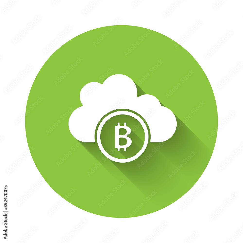 White Cryptocurrency cloud mining icon isolated with long shadow. Blockchain technology, bitcoin, digital money market, cryptocoin wallet. Green circle button. Vector. White Cryptocurrency cloud mining icon isolated with long shadow. Blockchain technology, bitcoin, digital money market, cryptocoin wallet. Green circle button. Vector.