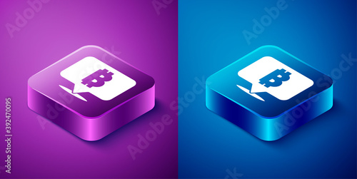Isometric Cryptocurrency coin Bitcoin icon isolated on blue and purple background. Physical bit coin. Blockchain based secure crypto currency. Square button. Vector.