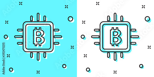 Black line CPU mining farm icon isolated on green and white background. Bitcoin sign inside processor. Cryptocurrency mining community. Digital money. Random dynamic shapes. Vector.
