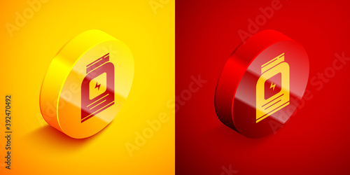 Isometric Sports nutrition bodybuilding proteine power drink and food icon isolated on orange and red background. Circle button. Vector.