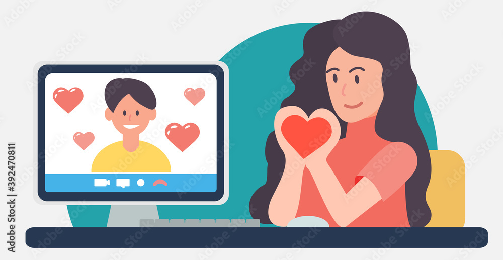 Online date Valentine's Day in new reality quarantine. Heart sign with women hands. Boyfriend in monitor screen. Woman is watching video with romantic man remotely at home. Vector flat illustration Online date Valentine's Day in new reality quarantine. Heart sign with women hands. Boyfriend in monitor screen. Woman is watching video with romantic man remotely at home. Vector flat illustration