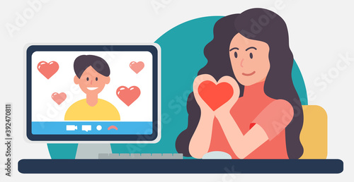 Online date Valentine's Day in new reality quarantine. Heart sign with women hands. Boyfriend in monitor screen. Woman is watching video with romantic man remotely at home. Vector flat illustration