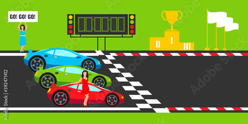 Start and finish on road and red, blue, green racing car on track. Vector illustration