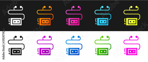Set Museum audio guide icon isolated on black and white background. Headphones for excursions. Vector.
