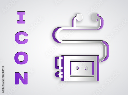 Paper cut Museum audio guide icon isolated on grey background. Headphones for excursions. Paper art style. Vector.