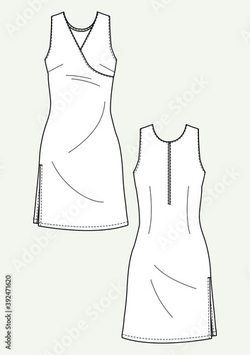 Abito donna con spacco disegno piatto sketch fashion illustration fronte e retro mock up vetttoriale