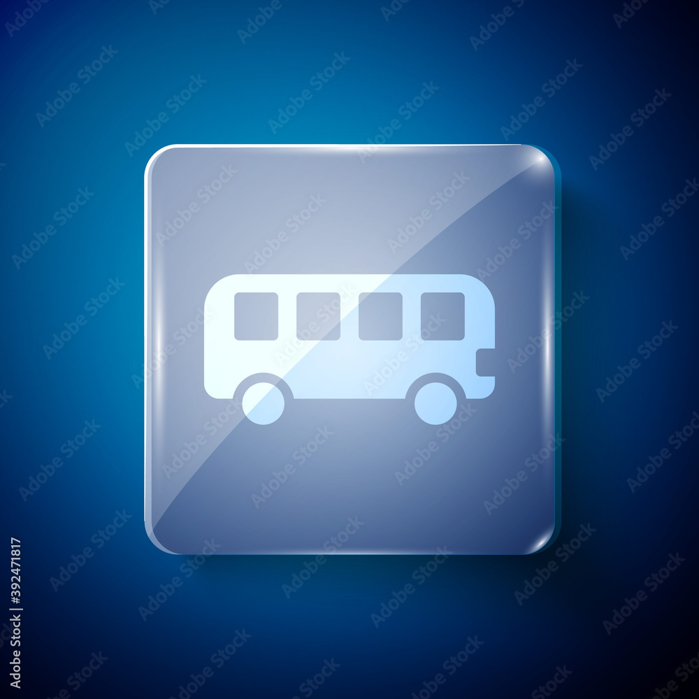 White Bus toy icon isolated on blue background. Square glass panels. Vector. White Bus toy icon isolated on blue background. Square glass panels. Vector.