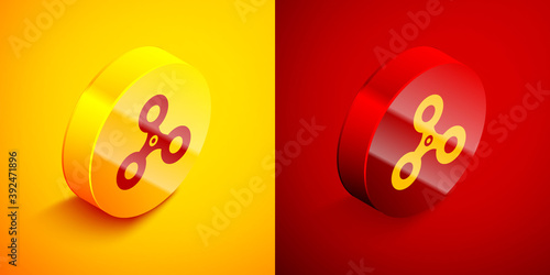 Isometric Fidget spinner icon isolated on orange and red background. Stress relieving toy. Trendy hand spinner. Circle button. Vector.