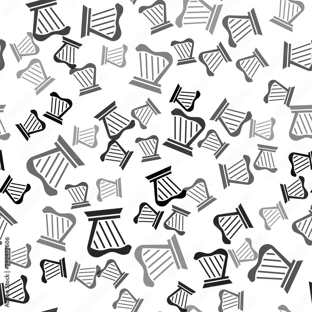 Black Harp icon isolated seamless pattern on white background. Classical music instrument, orhestra string acoustic element. Vector. Black Harp icon isolated seamless pattern on white background. Classical music instrument, orhestra string acoustic element. Vector.