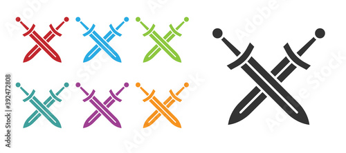 Black Crossed medieval sword icon isolated on white background. Medieval weapon. Set icons colorful. Vector.