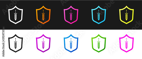 Set Medieval shield with sword icon isolated on black and white background. Vector.