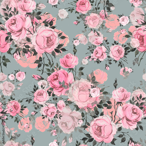  Abstract seamless pattern of beautiful roses with foliage and buds © Irina Chekmareva